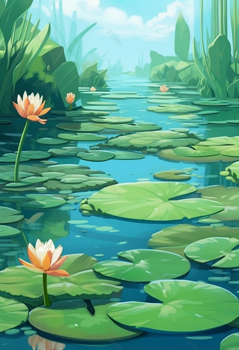 夏季蓝天节气绿色荷花荷叶池塘河流清澈清爽插画,插画/手绘图,插画/手绘图库,插画/手绘图下载,插画/手绘